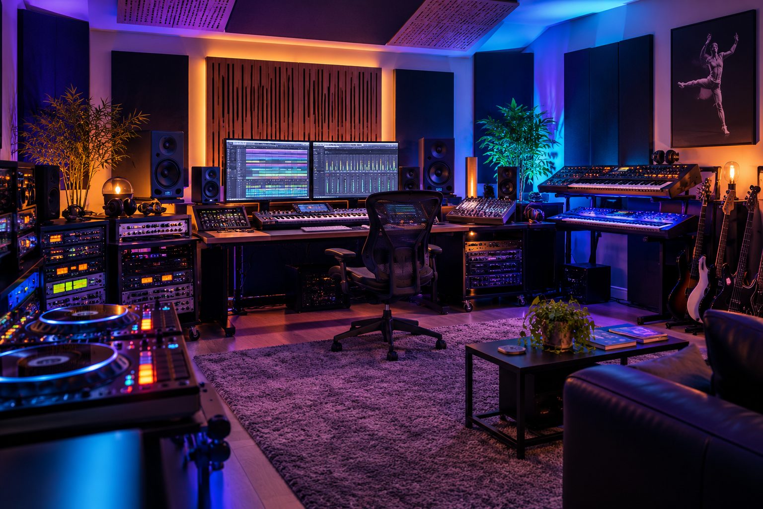 Studio de musique éclairé en ambre et violet, avec écrans, claviers, platines et guitares